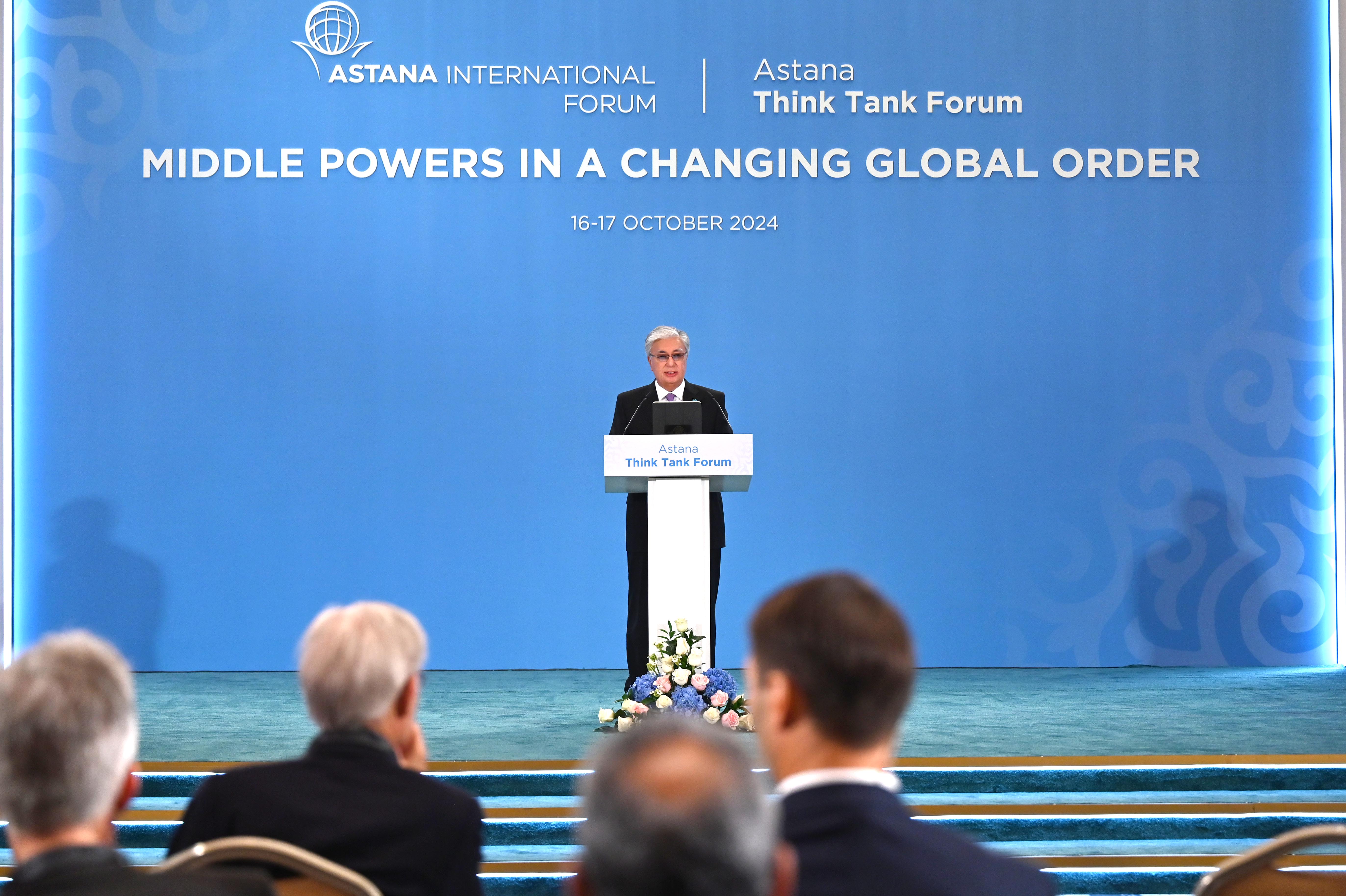 Kassym-Jomart Tokayev addresses the plenary session of the inaugural Astana Think Tank Forum